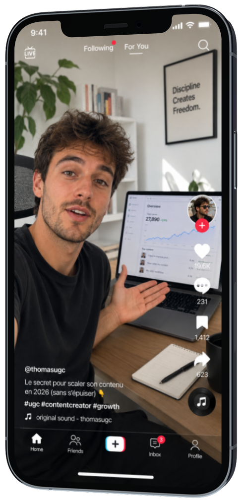 A UGC creator pointing at a SaaS analytics dashboard, shown on a phone
